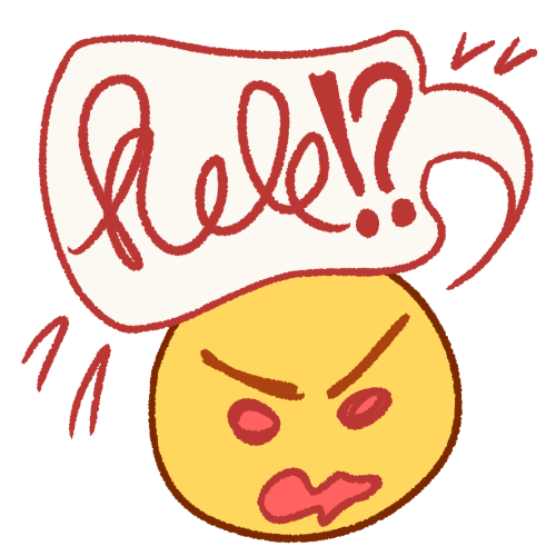 A drawing of an emoji yellow head with a very angry face, with furrowed eyebrows and an open mouth. Above them is a white speech bubble containing a fake scribbled word with an exclamation point and question mark after it. There are four V-shaped emphasis marks around the speech bubble. The symbol is sketchy and the lines are loose. 